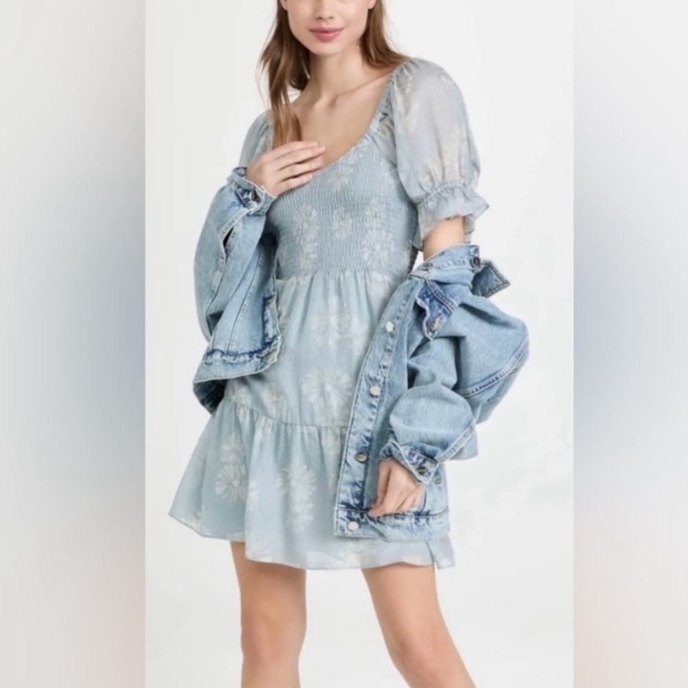 NWT Madewell Silk Lucie Smocked Mini Dress in Moody Blooms Dusty Blue Feminine